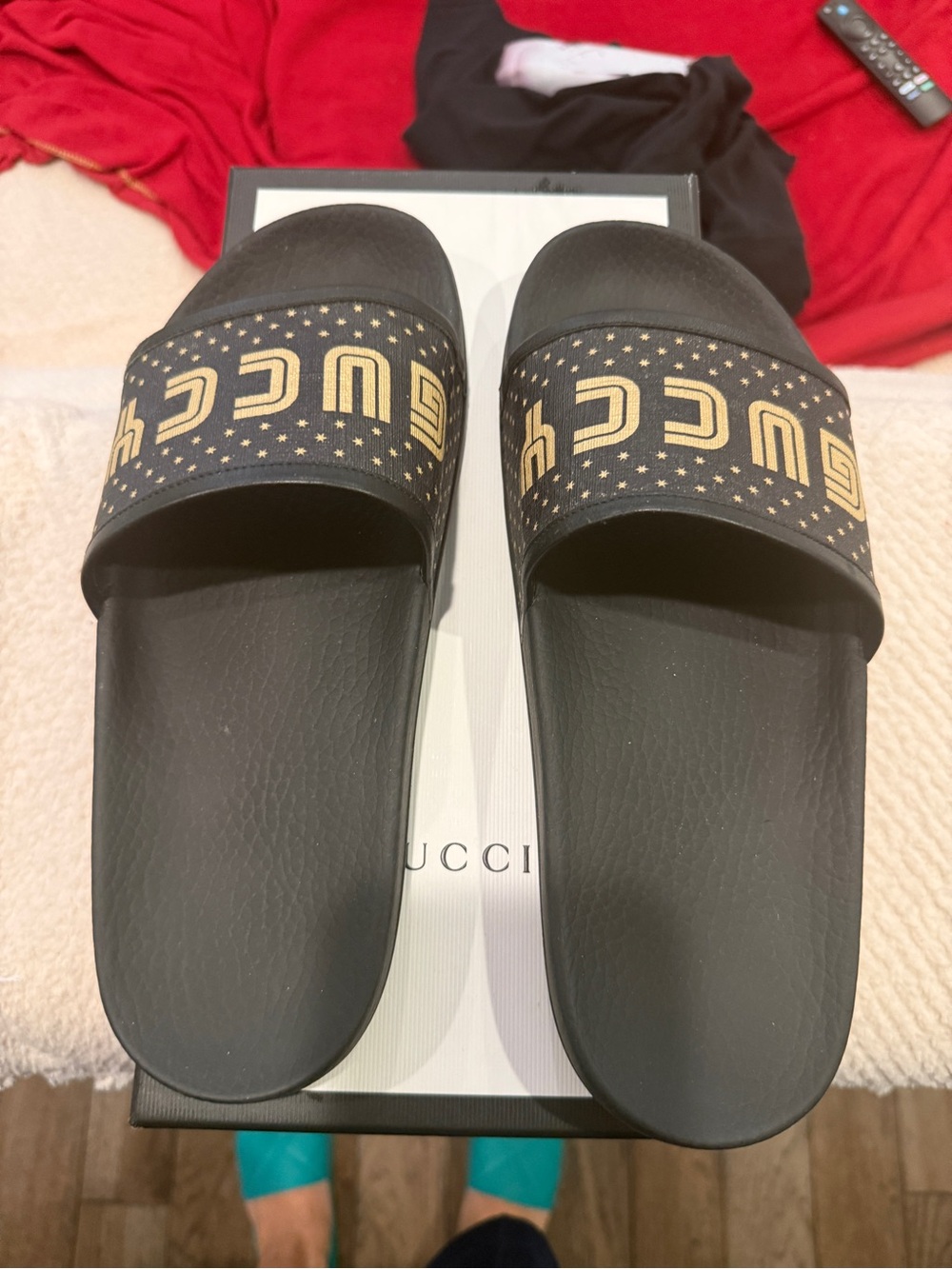 Gucci Black Slides with Gold Logo Stars - Picture 1 of 6